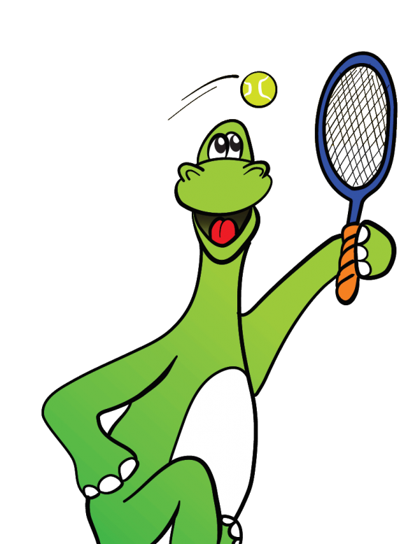 Ballschule Heidelberg Dino mit Tennisschläger